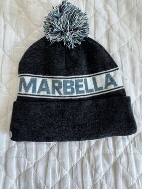MARELLA Men’s Pom Beanie - Dark Gray with Light Blue & White Trim
